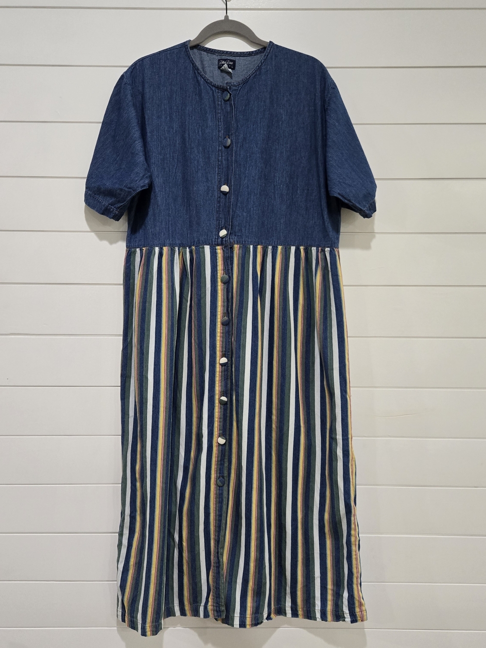 VTG Lillian Lorow Blue Denim Top w/ Multi-Stripe Skirt Dress SZ L Western Prarie